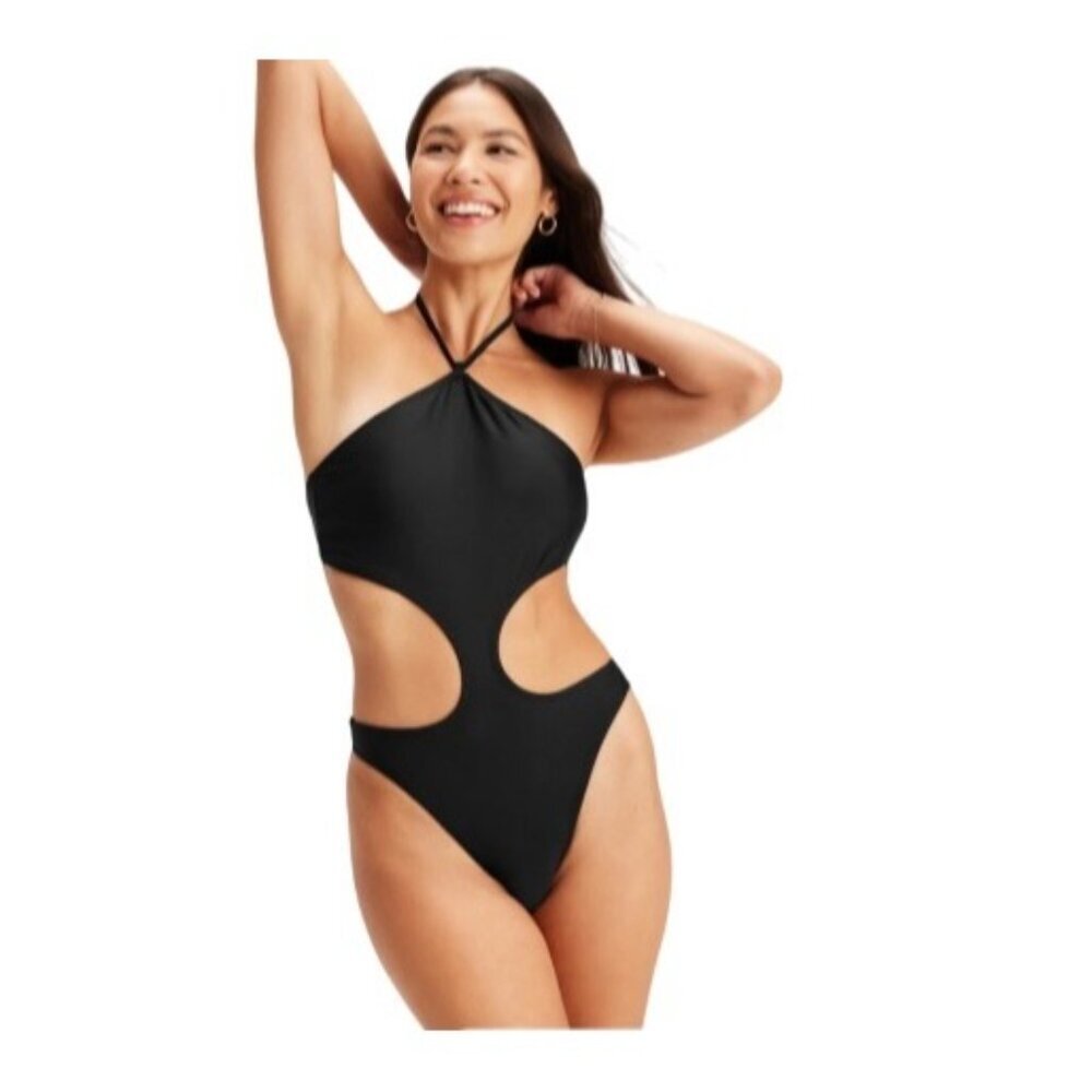 Fabletics Noa String Tie One-Piece Swimsuit Size L Black Halter Cutout Back Tie